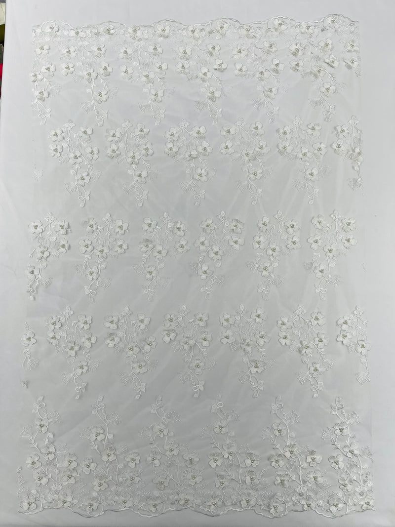 Multi Color 3D Floral Design Embroider with Pearls in a Mesh Lace Fabric -Sold by the yard.