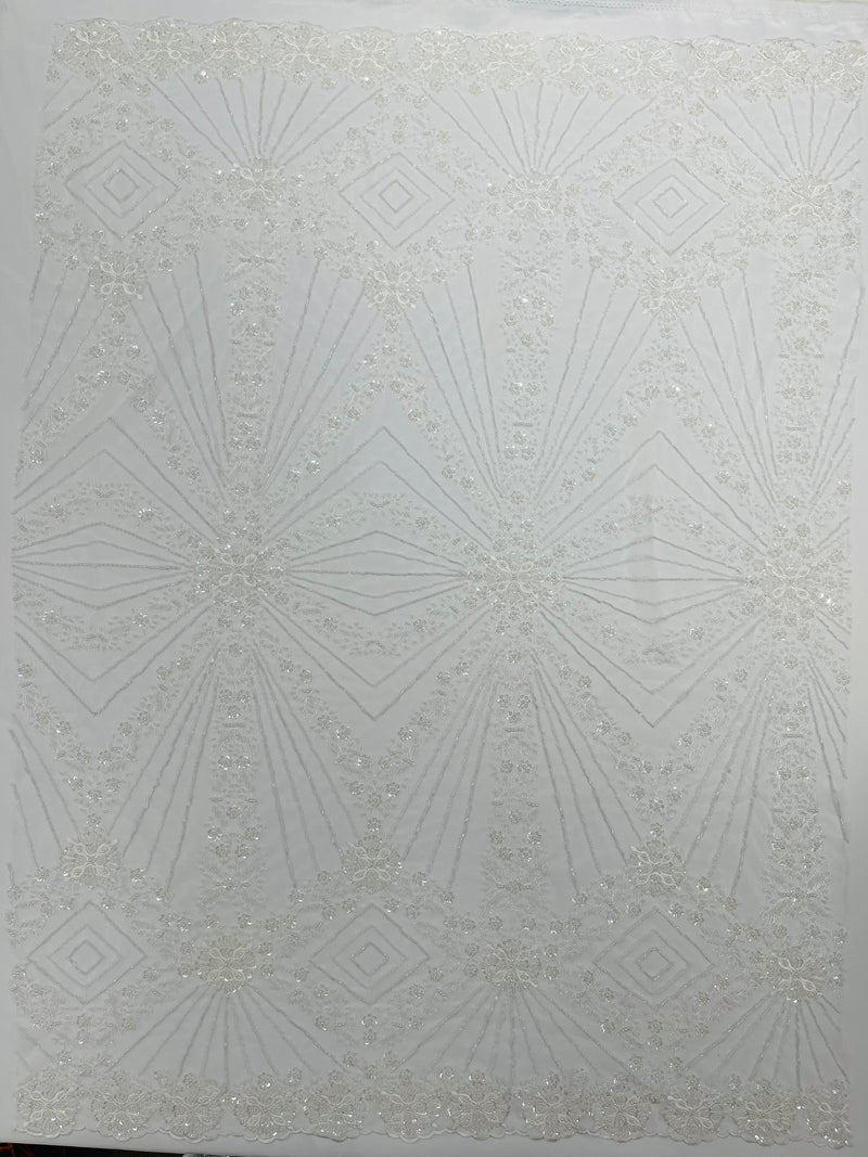 Luxury Bridal Fabric with Geometric Beading on a mesh, by The Yard.