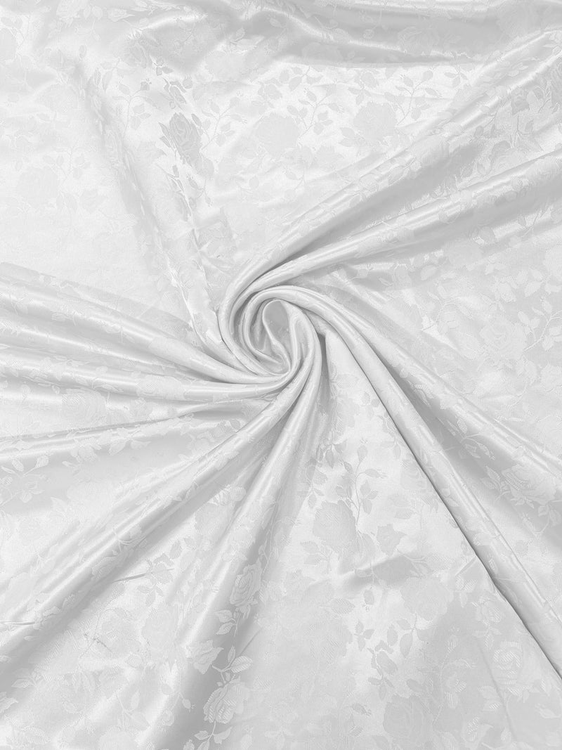 White - 60" Wide Polyester /Flowers Brocade Jacquard Satin Fabric/ SoldByTheYard.