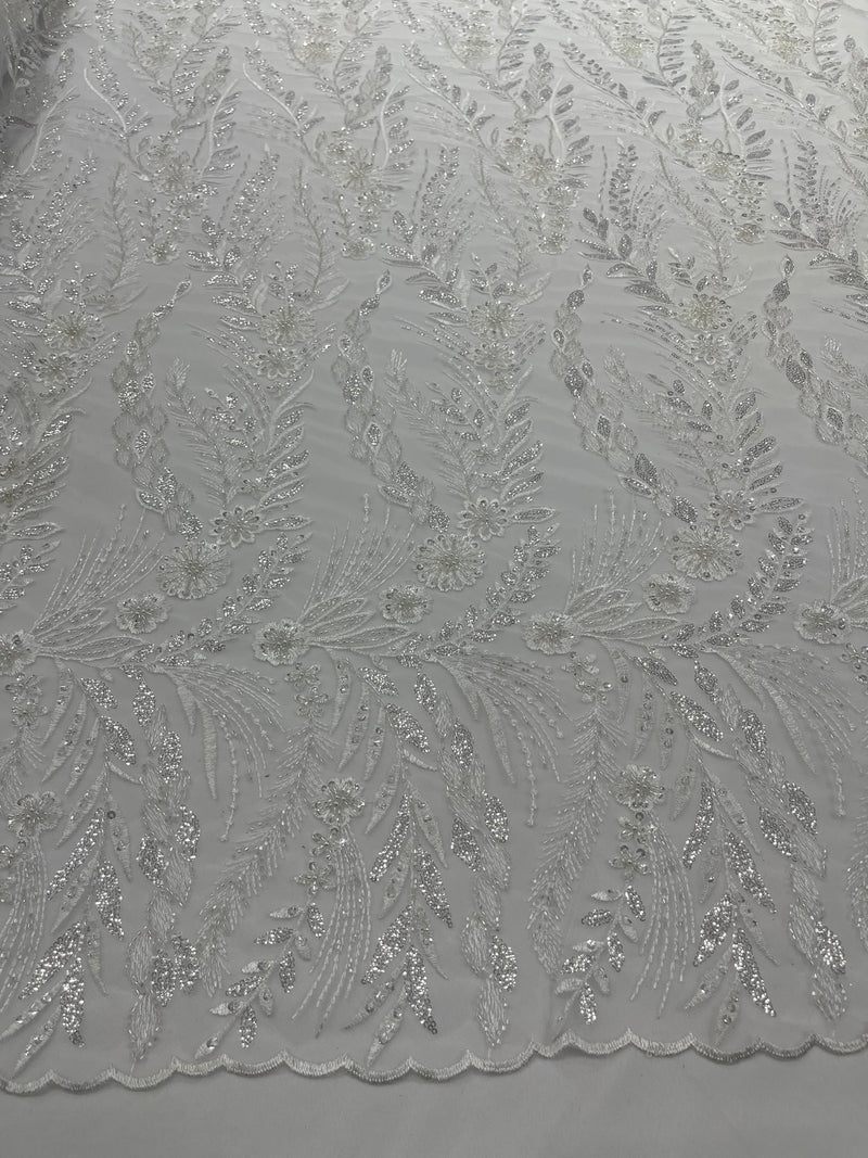 Feather and Vine Beaded Lace Fabric, by The Yard