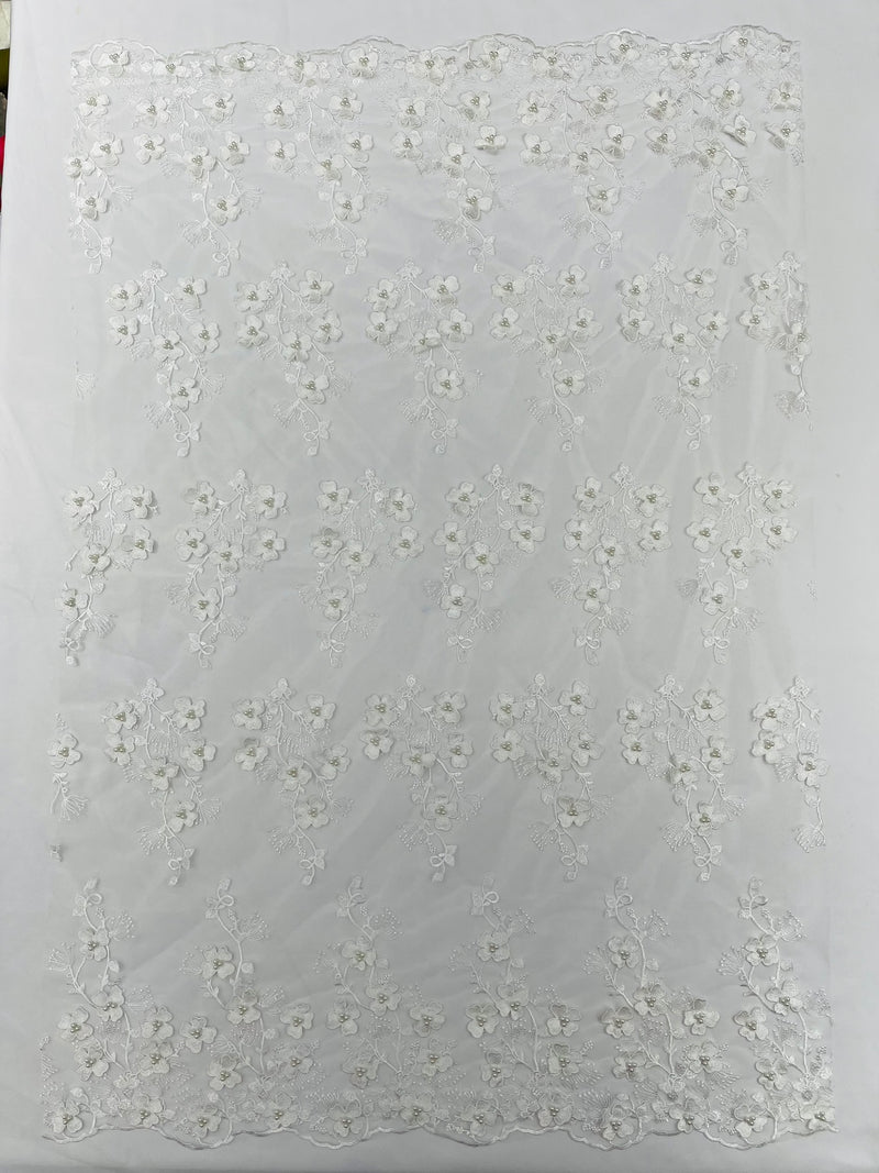 Multi Color 3D Floral Design Embroider with Pearls in a Mesh Lace Fabric -Sold by the yard.