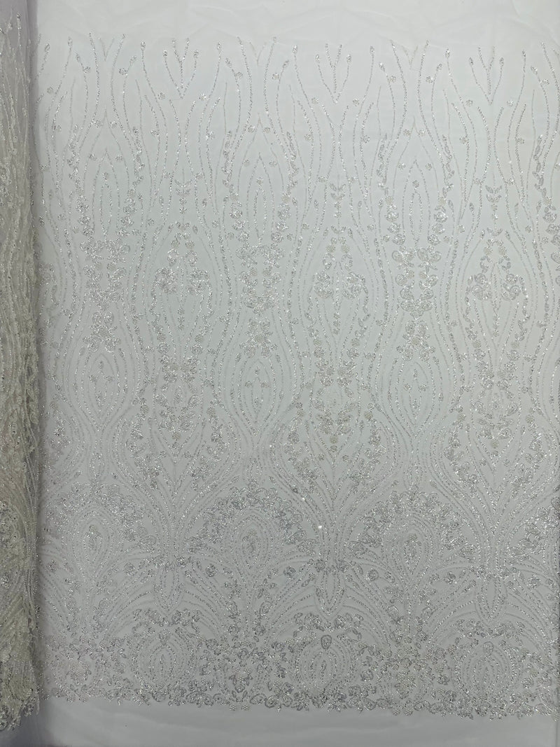 Modern Luxury Beaded Fabric Embroidered on a Mesh Lace, Sold by The Yard.