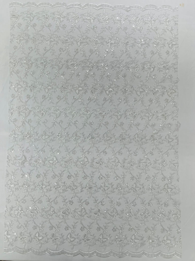 Corded Lace/ Butterfly Design Embroidered With Sequin on a Mesh Lace Fabric
