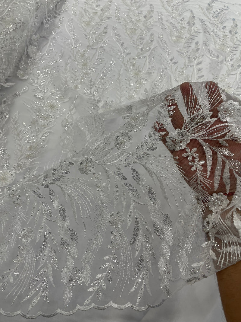 Feather and Vine Beaded Lace Fabric, by The Yard