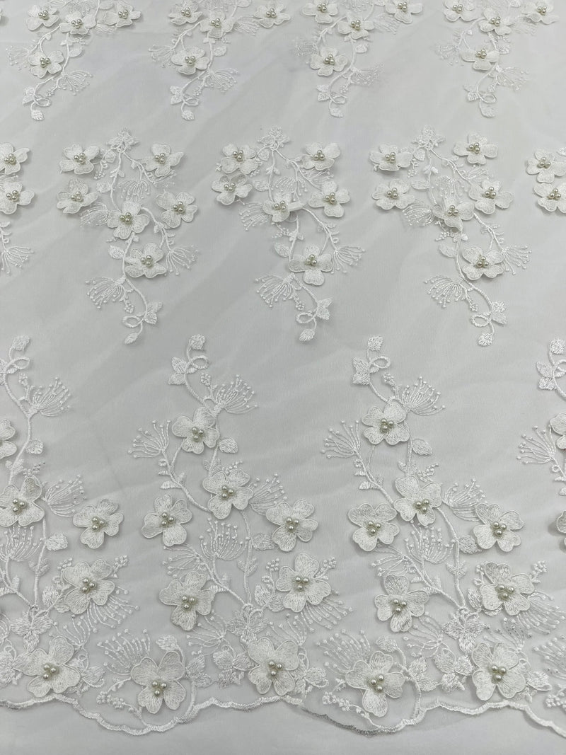 Multi Color 3D Floral Design Embroider with Pearls in a Mesh Lace Fabric -Sold by the yard.