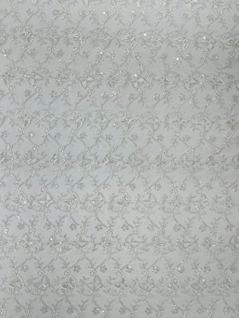 Corded Lace/ Butterfly Design Embroidered With Sequin on a Mesh Lace Fabric