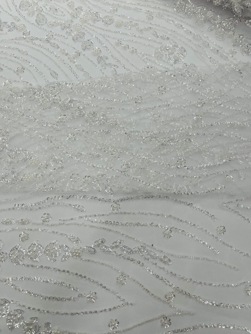 Modern Luxury Beaded Fabric Embroidered on a Mesh Lace, Sold by The Yard.