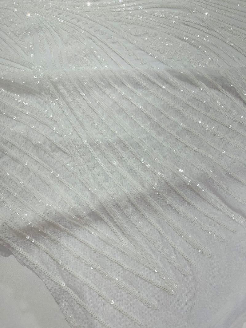 Geometric Feather wing shiny sequin design on a 4 way stretch mesh Fabric-prom-sold by the yard.