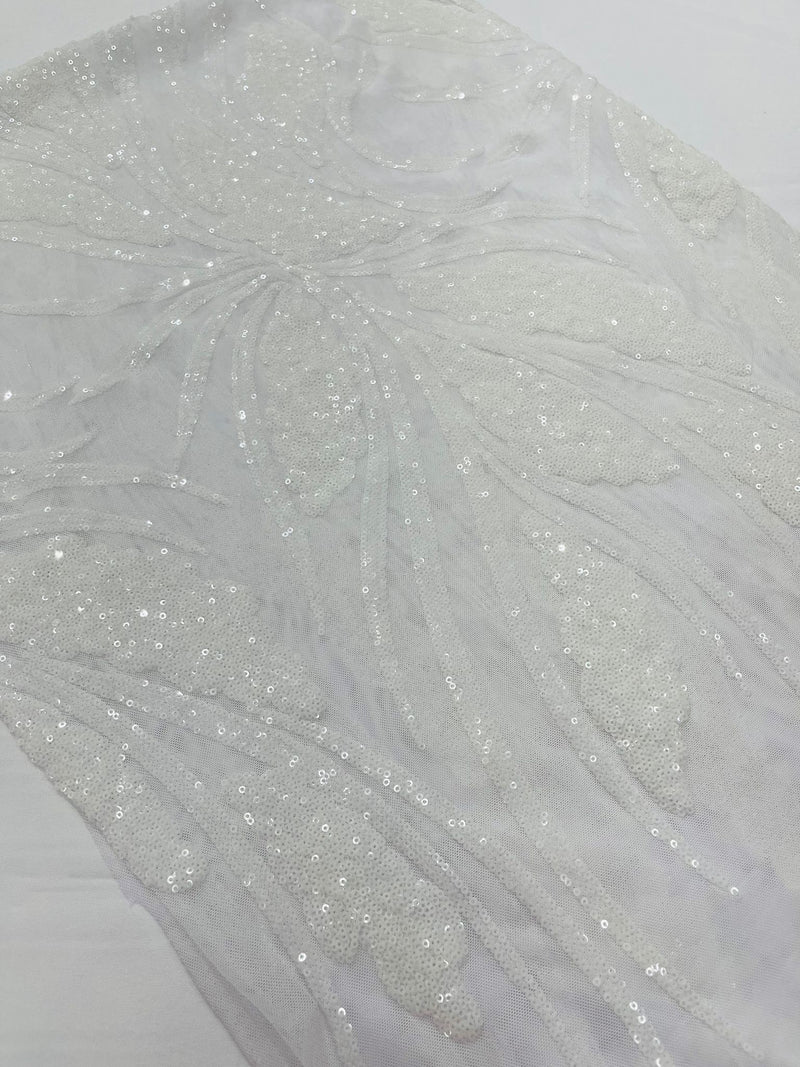 Feather damask shiny sequin design on a 4 way stretch mesh Fabric-prom-sold by The yard.