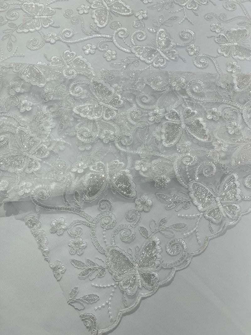 Corded Lace/ Butterfly Design Embroidered With Sequin on a Mesh Lace Fabric