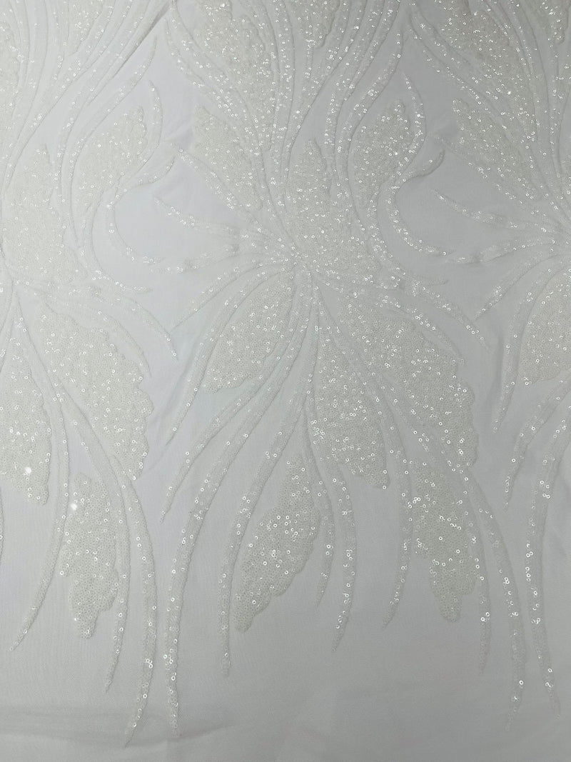 Feather damask shiny sequin design on a 4 way stretch mesh Fabric-prom-sold by The yard.