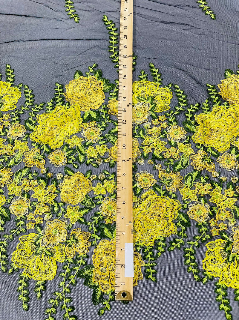 Roses Multi Color Floral Design Embroider On Mesh Lace Fabric (by the yard)