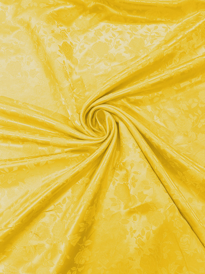 Yellow - 60" Wide Polyester /Flowers Brocade Jacquard Satin Fabric/ SoldByTheYard.