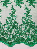 BIG FLORAL DAMASK BEADED MESH LACE FABRIC (By The Yard) - New Creations Fabric & Foam Inc
