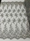 BIG FLORAL DAMASK BEADED MESH LACE FABRIC (By The Yard) - New Creations Fabric & Foam Inc