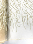 FEATHER BEADED LACE ON MESH FABRIC (By The Yard) - New Creations Fabric & Foam Inc