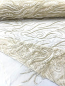 FEATHER BEADED LACE ON MESH FABRIC (By The Yard) - New Creations Fabric & Foam Inc
