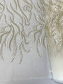 FEATHER BEADED LACE ON MESH FABRIC (By The Yard) - New Creations Fabric & Foam Inc