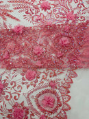 Floral 3D Palm Damask with Glitter in a Mesh Lace| New Creations Fabric & Foam Inc. - New Creations Fabric & Foam Inc
