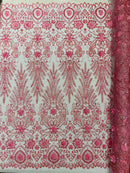 Floral 3D Palm Damask with Glitter in a Mesh Lace| New Creations Fabric & Foam Inc. - New Creations Fabric & Foam Inc