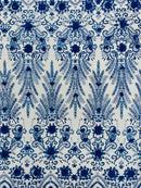 Floral 3D Palm Damask with Glitter in a Mesh Lace| New Creations Fabric & Foam Inc. - New Creations Fabric & Foam Inc