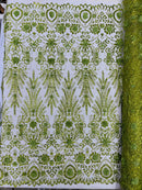 Floral 3D Palm Damask with Glitter in a Mesh Lace| New Creations Fabric & Foam Inc. - New Creations Fabric & Foam Inc