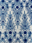 Floral 3D Palm Damask with Glitter in a Mesh Lace| New Creations Fabric & Foam Inc. - New Creations Fabric & Foam Inc