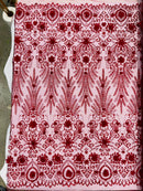 Floral 3D Palm Damask with Glitter in a Mesh Lace| New Creations Fabric & Foam Inc. - New Creations Fabric & Foam Inc