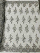 FLORAL DAMASK BEADED LACE ON MESH FABRIC (By The Yard) - New Creations Fabric & Foam Inc