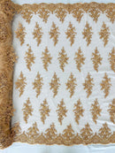 FLORAL DAMASK BEADED LACE ON MESH FABRIC (By The Yard) - New Creations Fabric & Foam Inc