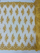 FLORAL DAMASK BEADED LACE ON MESH FABRIC (By The Yard) - New Creations Fabric & Foam Inc