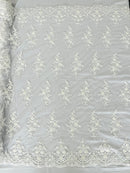 FLORAL DAMASK BEADED LACE ON MESH FABRIC (By The Yard) - New Creations Fabric & Foam Inc