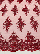 FLORAL DAMASK BEADED LACE ON MESH FABRIC (By The Yard) - New Creations Fabric & Foam Inc