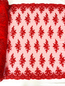 FLORAL DAMASK BEADED LACE ON MESH FABRIC (By The Yard) - New Creations Fabric & Foam Inc