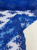 FLORAL DAMASK BEADED LACE ON MESH FABRIC (By The Yard) - New Creations Fabric & Foam Inc