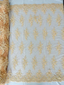 FLORAL DAMASK BEADED LACE ON MESH FABRIC (By The Yard) - New Creations Fabric & Foam Inc