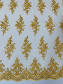 FLORAL DAMASK BEADED LACE ON MESH FABRIC (By The Yard) - New Creations Fabric & Foam Inc