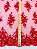 FLORAL DAMASK BEADED LACE ON MESH FABRIC (By The Yard) - New Creations Fabric & Foam Inc