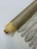 GLITTER FEATHER DAMASK DESIGN MESH LACE FABRIC (By The Yard) - New Creations Fabric & Foam Inc