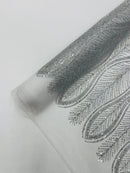 GLITTER FEATHER DAMASK DESIGN MESH LACE FABRIC (By The Yard) - New Creations Fabric & Foam Inc