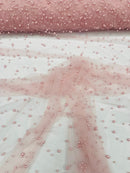 Heavy Scattered Pearls Studded Mesh Fabric| New Creations Fabric & Foam Inc. - New Creations Fabric & Foam Inc