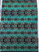 Hot Rod Tricot Holographic 4 Way Spandex with Black Red Flocking Flames Glitter Fabric - New Creations Fabric & Foam Inc