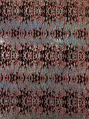 Hot Rod Tricot Holographic 4 Way Spandex with Black Red Flocking Flames Glitter Fabric - New Creations Fabric & Foam Inc