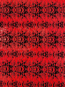 Hot Rod Tricot Holographic 4 Way Spandex with Black Red Flocking Flames Glitter Fabric - New Creations Fabric & Foam Inc