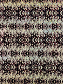 Hot Rod Tricot Holographic 4 Way Spandex with Black Red Flocking Flames Glitter Fabric - New Creations Fabric & Foam Inc