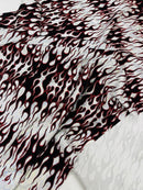 Hot Rod Tricot Holographic 4 Way Spandex with Black Red Flocking Flames Glitter Fabric - New Creations Fabric & Foam Inc