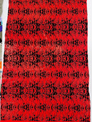 Hot Rod Tricot Holographic 4 Way Spandex with Black Red Flocking Flames Glitter Fabric - New Creations Fabric & Foam Inc