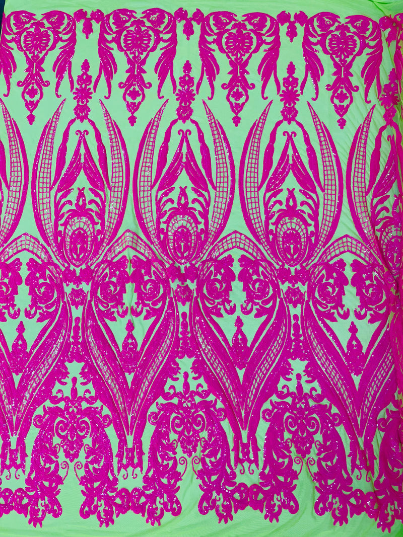 Empire Damask design with sequins embroider on a 4 way stretch mesh fabric-sold by the yard.