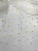Ivory/Yellow Daisy flowers embroidered lace fabric| New Creations Fabric & Foam Inc. - New Creations Fabric & Foam Inc