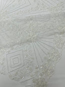 Luxury Bridal Fabric with Geometric Beading on a mesh 54” Wide| New Creations Fabric & Foam Inc. - New Creations Fabric & Foam Inc